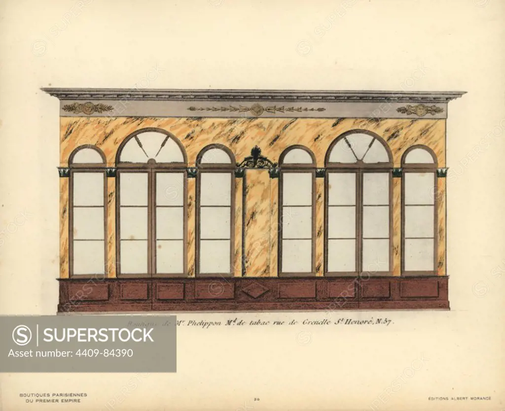 Shopfront of Monsieur Phelippon's tobacco store, 57 rue de Grenelle St. Honore, Paris, circa 1800. Handcoloured lithograph from Hector-Martin Lefuel's "Boutiques Parisiennes du Premier Empire," (Parisian Stores of the First Empire), Paris, Albert Morance, 1925. The lithographs were reproduced from watercolors by the French architect Hector-Martin Lefuel (1810-1880), famous for his work on the completion of the Louvre and Fontainebleau.