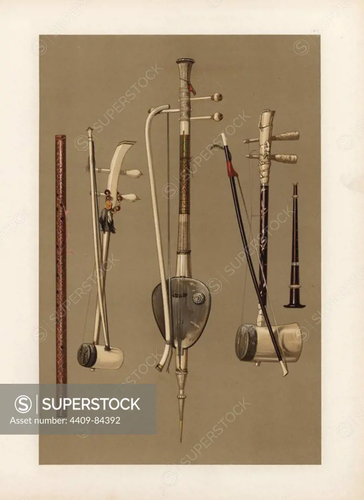 Instruments from Thailand and China: Saw tai (Siamese fiddle) in carved ivory and enamelled gold (centre), two Chinese fiddles Saw duang and Saw oo surrounding it, Thai klui (flute) with a membrane over one hole (left) and Thai pee (oboe) considered to be of Javanese origin (right). Chromolithograph from an illustration by William Gibb from A.J. Hipkins' "Musical Instruments, Historic, Rare and Unique," Adam and Charles Black, Edinburgh, 1888. Alfred James Hipkins (1826-1903) was an English musicologist who specialized in the history of the pianoforte and other instruments. William Gibb was a master illustrator and chromolithographer and illustrated "The Royal House of Stuart" (1890), "Naval and Military Trophies" (1896), and others.