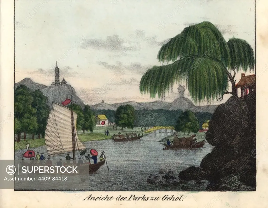 View of the Imperial Chinese garden at Gehol in Tartary. Taken from William Alexander's "Travels in China," 1804. Handcoloured lithograph from Friedrich Wilhelm Goedsche's "Vollstaendige Völkergallerie in getreuen Abbildungen" (Complete Gallery of Peoples in True Pictures), Meissen, circa 1835-1840. Goedsche (1785-1863) was a German writer, bookseller and publisher in Meissen. Many of the illustrations were adapted from Bertuch's "Bilderbuch fur Kinder" and others.