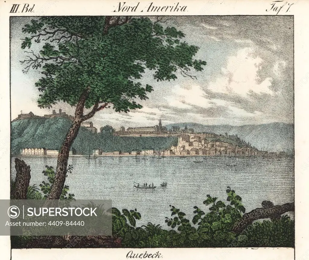 View of the city of Quebec, Canada, on the Saint Lawrence River. Handcoloured lithograph from Friedrich Wilhelm Goedsche's "Vollstaendige Völkergallerie in getreuen Abbildungen" (Complete Gallery of Peoples in True Pictures), Meissen, circa 1835-1840. Goedsche (1785-1863) was a German writer, bookseller and publisher in Meissen. Many of the illustrations were adapted from Bertuch's "Bilderbuch fur Kinder" and others.