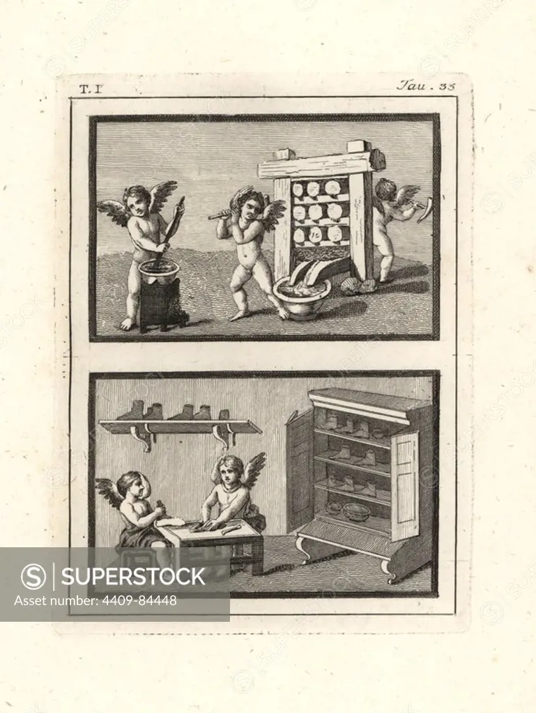 Vignettes of Cupids playing at trades or professions. Above, two Cupids or genii imitate Capulatores or grape pressers while another stirs grape juice over a stove. Below, two Cupids make leather shoes in a shoemakers' shop with lasts and tools. Copperplate engraved by Tommaso Piroli from his own "Antichita di Ercolano" (Antiquities of Herculaneum), Rome, 1789. Italian artist and engraver Piroli (1752-1824) published six volumes between 1789 and 1807 documenting the murals and bronzes found in Heraculaneum and Pompeii.
