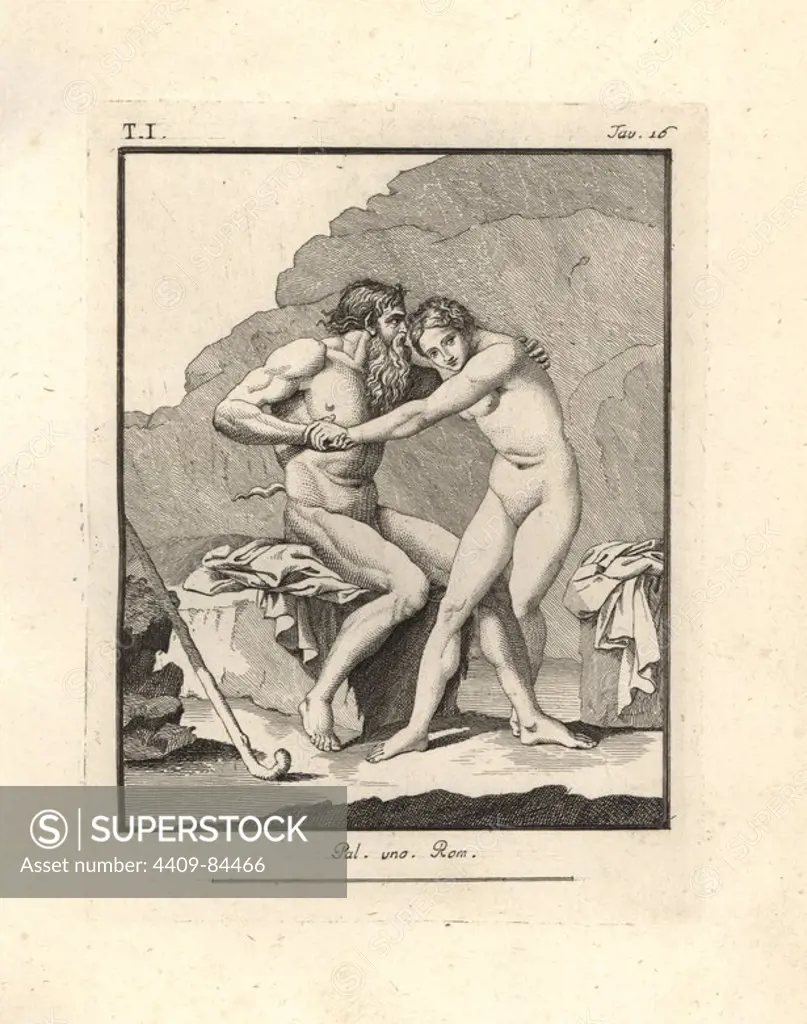 An old faun or Silenus with bushy beard struggles with a Hermaphrodite in this excellent Bacchanalian subject excavated at Resina. Copperplate engraved by Tommaso Piroli from his own "Antichita di Ercolano" (Antiquities of Herculaneum), Rome, 1789. Italian artist and engraver Piroli (1752-1824) published six volumes between 1789 and 1807 documenting the murals and bronzes found in Heraculaneum and Pompeii.