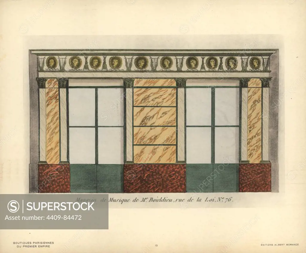 Shopfront of Monsieur Boieldieu's music store, 76 rue de la Loi, Paris, circa 1800. Handcoloured lithograph from Hector-Martin Lefuel's "Boutiques Parisiennes du Premier Empire," (Parisian Stores of the First Empire), Paris, Albert Morance, 1925. The lithographs were reproduced from watercolors by the French architect Hector-Martin Lefuel (1810-1880), famous for his work on the completion of the Louvre and Fontainebleau.