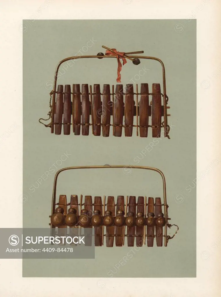 Marimba or Zulu harmonicon of South Africa. It has ten bars, each with a gourd resonator, and is played with drumsticks. Chromolithograph from an illustration by William Gibb from A.J. Hipkins' "Musical Instruments, Historic, Rare and Unique," Adam and Charles Black, Edinburgh, 1888. Alfred James Hipkins (1826-1903) was an English musicologist who specialized in the history of the pianoforte and other instruments. William Gibb was a master illustrator and chromolithographer and illustrated "The Royal House of Stuart" (1890), "Naval and Military Trophies" (1896), and others.