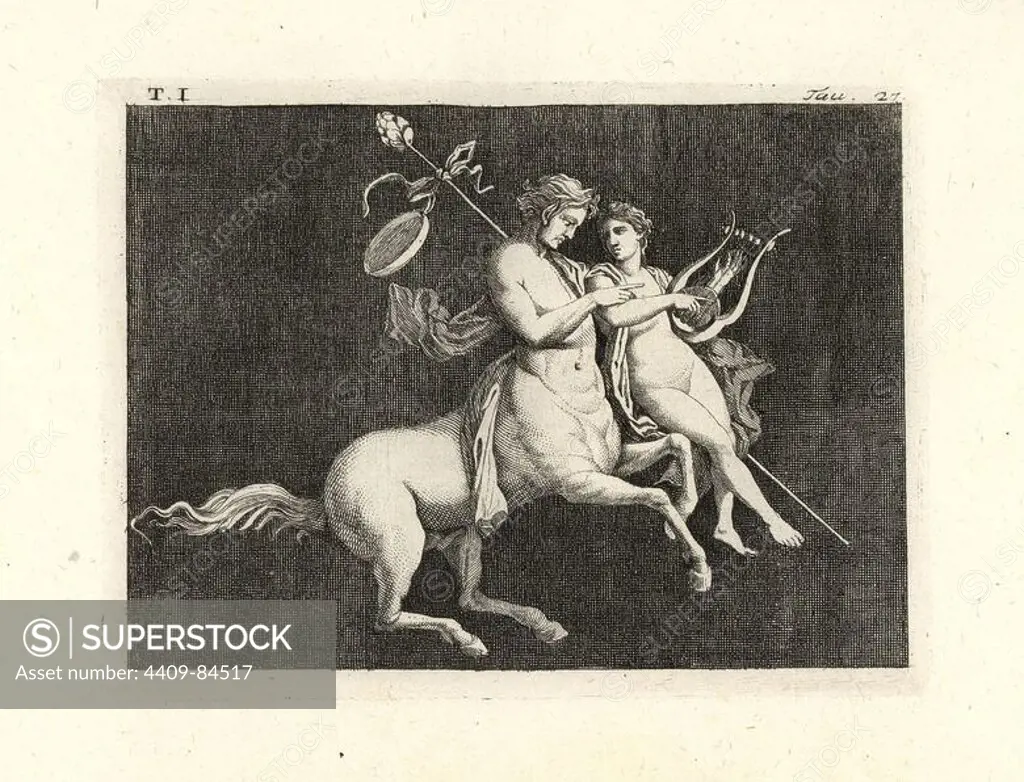 Painting removed from a wall of a room, possibly a triclinium or dining room, in a house in Pompeii in 1749. Centaur carrying a youth and teaching him to play the lyre, as Chiron taught Achilles. The boy holds a thyrsus decorated with a ribbon and a gold tympanum drum. Copperplate engraved by Tommaso Piroli from his own "Antichita di Ercolano" (Antiquities of Herculaneum), Rome, 1789. Italian artist and engraver Piroli (1752-1824) published six volumes between 1789 and 1807 documenting the murals and bronzes found in Heraculaneum and Pompeii.