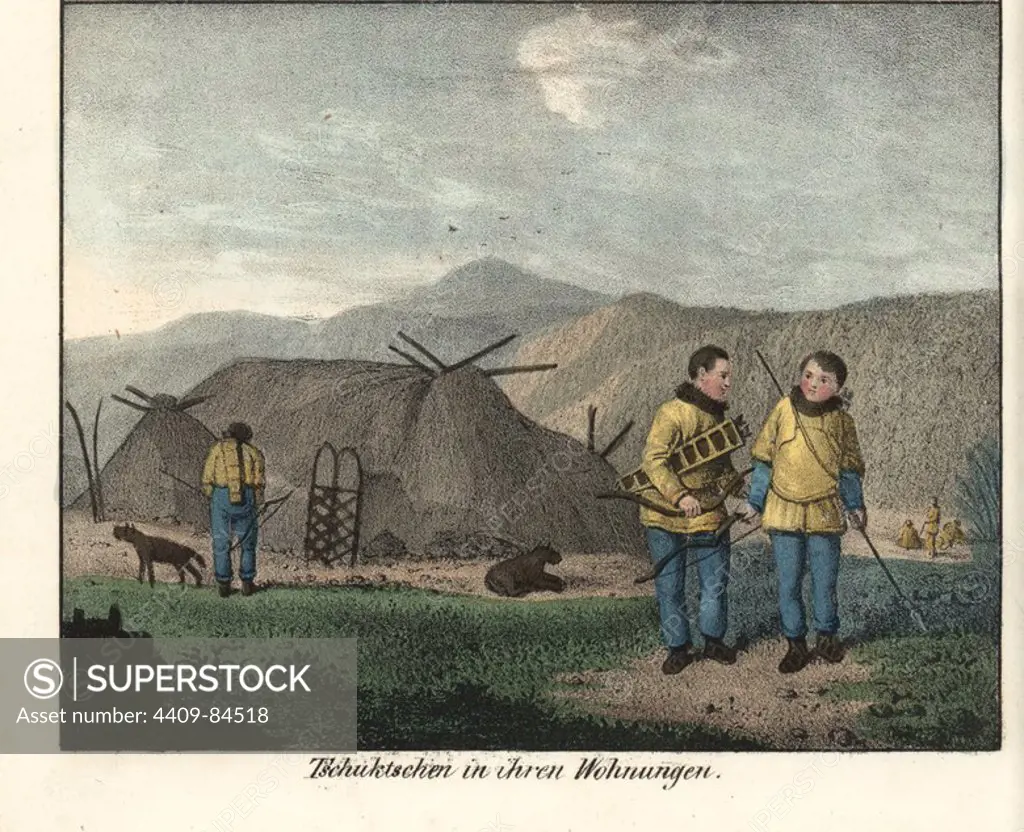 Chukchi hunters with bow, arrows, spears, snow shoes and hunting dogs outside their tent. Handcoloured lithograph from Friedrich Wilhelm Goedsche's "Vollstaendige Völkergallerie in getreuen Abbildungen" (Complete Gallery of Peoples in True Pictures), Meissen, circa 1835-1840. Goedsche (1785-1863) was a German writer, bookseller and publisher in Meissen. Many of the illustrations were adapted from Bertuch's "Bilderbuch fur Kinder" and others.