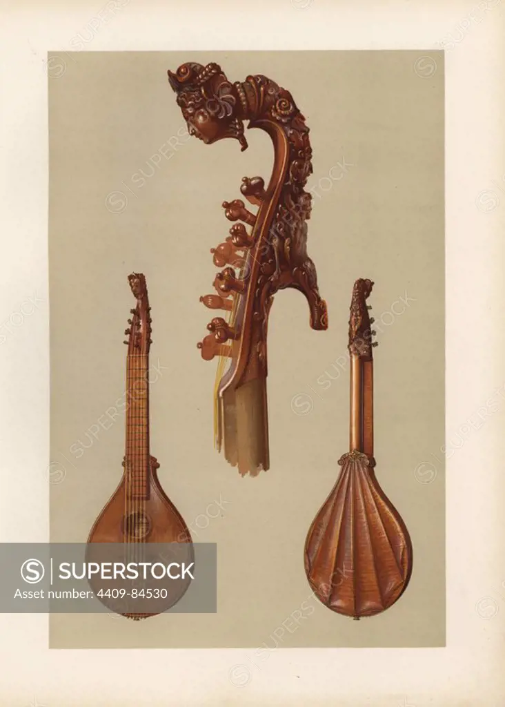 Rare cetera or cither with carved head made by famous violin-maker Antonius Stradivarius in 1700. Chromolithograph from an illustration by William Gibb from A.J. Hipkins' "Musical Instruments, Historic, Rare and Unique," Adam and Charles Black, Edinburgh, 1888. Alfred James Hipkins (1826-1903) was an English musicologist who specialized in the history of the pianoforte and other instruments. William Gibb was a master illustrator and chromolithographer and illustrated "The Royal House of Stuart" (1890), "Naval and Military Trophies" (1896), and others.