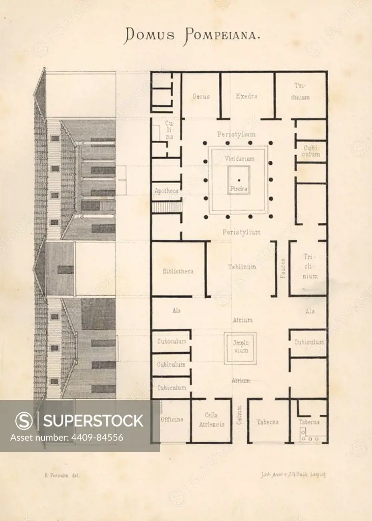 Domus Pompeiana: floor plan and elevation of a luxurious house in Pompeii. Drawn by Presuhn and lithographed by J. G. Bach from Emil Presuhn's "Pompeji. Die Neuesten Ausgrabungen von 1874-1881," Weigel, Leipzig, 1882. German archeologist Presuhn (1844-1881) lived in Italy for eight years and, with Mr. Discanno and Miss Amy Butts, made exact copies of many wall paintings that are now lost.