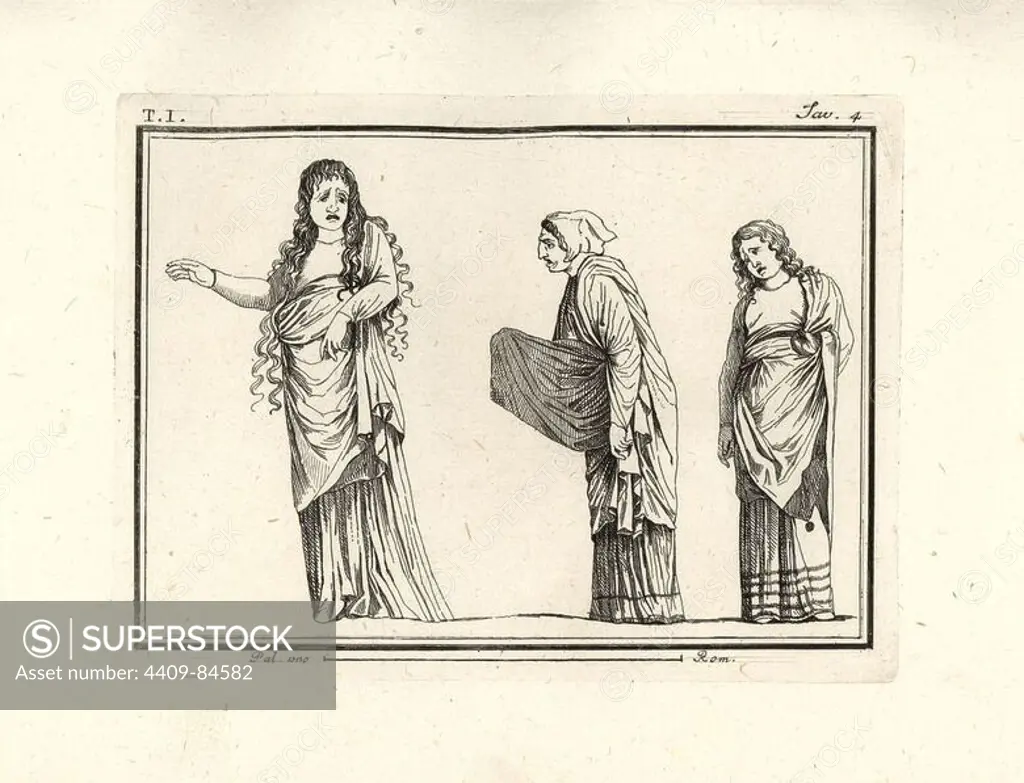 Painting of a tragic scene showing three women in baleful masks and postures. Perhaps they are three Greek professional mourners attending a funeral. Copperplate engraved by Tommaso Piroli from his own "Antichita di Ercolano" (Antiquities of Herculaneum), Rome, 1789. Italian artist and engraver Piroli (1752-1824) published six volumes between 1789 and 1807 documenting the murals and bronzes found in Heraculaneum and Pompeii.