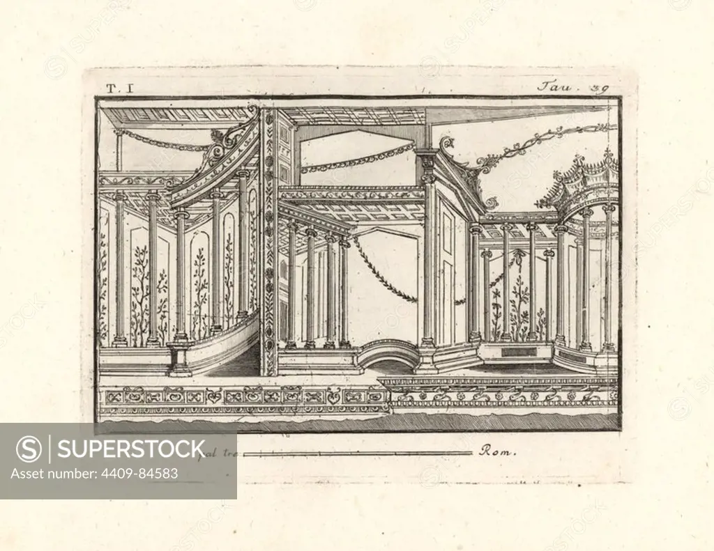 Wall painting excavated in Resina showing a busy, riotous architectural design full of candelabras, rotundas, thin columns or calami, hook-shaped harpaginetuli, etc. Copperplate engraved by Tommaso Piroli from his own "Antichita di Ercolano" (Antiquities of Herculaneum), Rome, 1789. Italian artist and engraver Piroli (1752-1824) published six volumes between 1789 and 1807 documenting the murals and bronzes found in Heraculaneum and Pompeii.