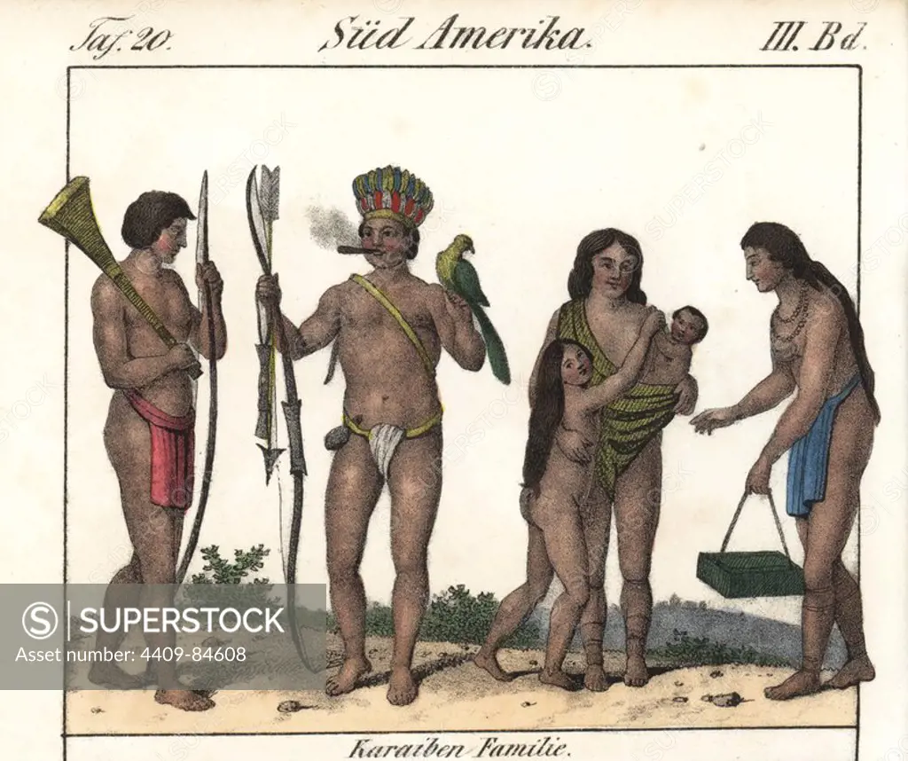 Carib family of Surinam with father smoking a ciger, holding a parrot and bow and arrow, and wife with baby in shawl and naked daughter. Handcoloured lithograph from Friedrich Wilhelm Goedsche's "Vollstaendige Völkergallerie in getreuen Abbildungen" (Complete Gallery of Peoples in True Pictures), Meissen, circa 1835-1840. Goedsche (1785-1863) was a German writer, bookseller and publisher in Meissen. Illustration adapted from Stedman's "Narrative of a Five Years Expedition," 1796.