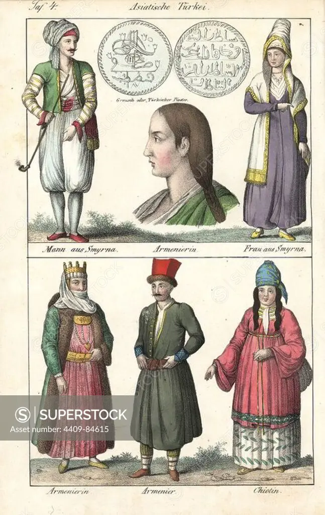 Costumes of Turkey, including a man with tobacco pipe and woman from Smyrna, Armenian men and women, and a woman from the island of Chios. Grousch or Turkish piastre coins. Handcoloured lithograph from Friedrich Wilhelm Goedsche's "Vollstaendige Völkergallerie in getreuen Abbildungen" (Complete Gallery of Peoples in True Pictures), Meissen, circa 1835-1840. Goedsche (1785-1863) was a German writer, bookseller and publisher in Meissen. Many of the illustrations were adapted from Bertuch's "Bilderbuch fur Kinder" and others.