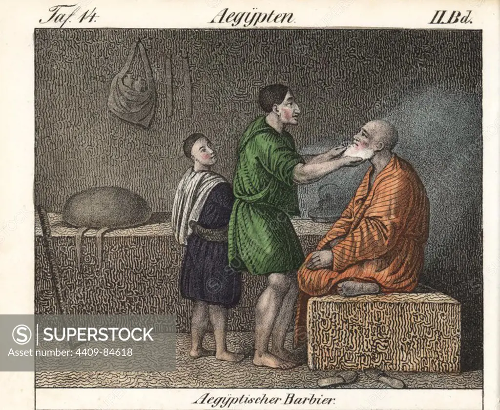 Egyptian barbershop with man seated barefoot on a platform while the barber trims his beard. Handcoloured lithograph from Friedrich Wilhelm Goedsche's "Vollstaendige Völkergallerie in getreuen Abbildungen" (Complete Gallery of Peoples in True Pictures), Meissen, circa 1835-1840. Goedsche (1785-1863) was a German writer, bookseller and publisher in Meissen. Many of the illustrations were adapted from Bertuch's "Bilderbuch fur Kinder" and others.