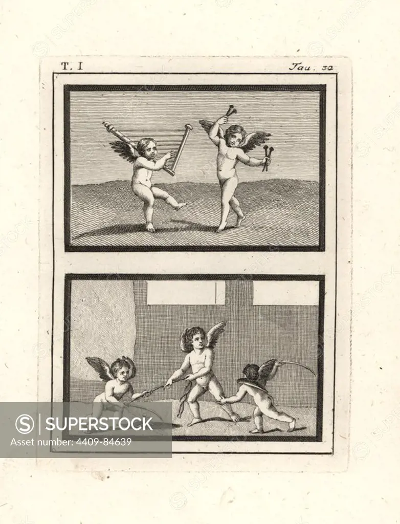 Cupids or genii playing music and games. Above, cupids dancing while playing a 10-string lyre and crotales, a bronze percussion instrument. Below, three cupids play a game of pulling a stake from the ground. Copperplate engraved by Tommaso Piroli from his own "Antichita di Ercolano" (Antiquities of Herculaneum), Rome, 1789. Italian artist and engraver Piroli (1752-1824) published six volumes between 1789 and 1807 documenting the murals and bronzes found in Heraculaneum and Pompeii.