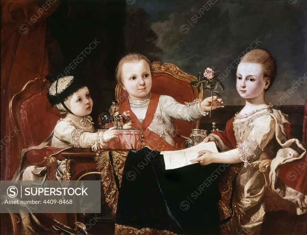Three Princes, Children of Charles III - 18th century - oil on canvas - 85x110 - NºINV 721. Author: TRAVERSE FRANCISCO DE LA. Location: ACADEMIA DE SAN FERNANDO-PINTURA. MADRID. SPAIN. CARLOS III HIJA. CARLOS III HIJO.