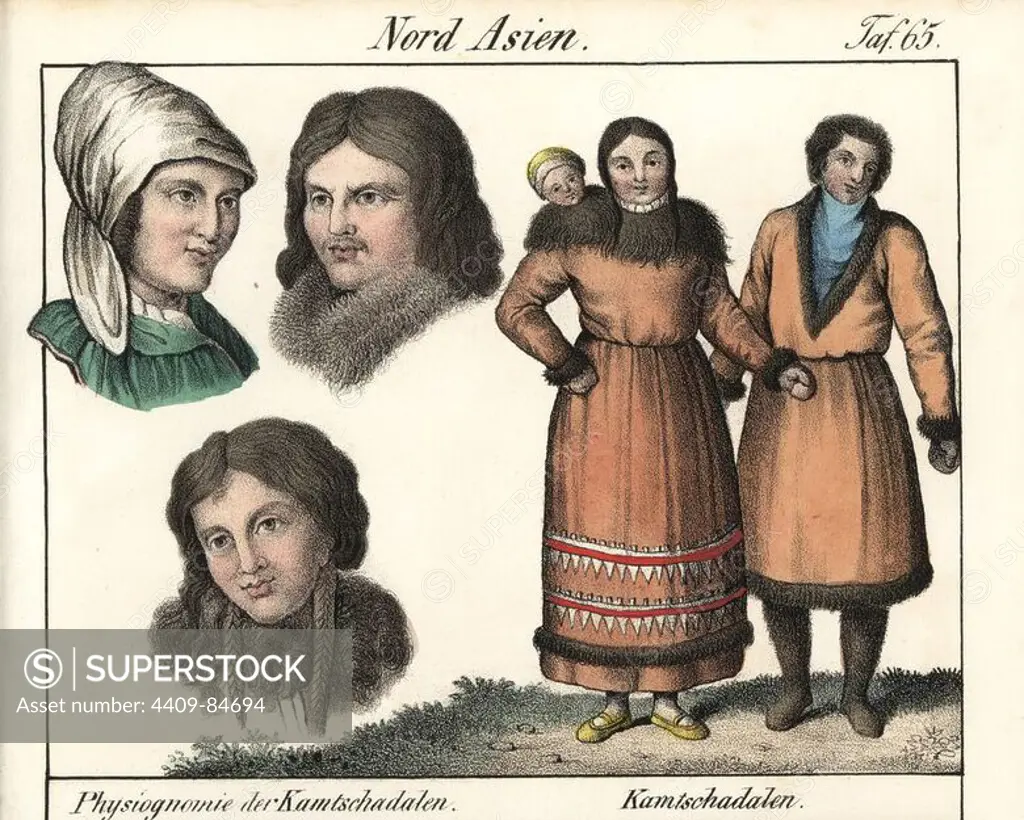 Itelmen people of the Kamchatka peninsula. Physiognomy, and man, woman and child wearing fur-lined clothes. Handcoloured lithograph from Friedrich Wilhelm Goedsche's "Vollstaendige Völkergallerie in getreuen Abbildungen" (Complete Gallery of Peoples in True Pictures), Meissen, circa 1835-1840. Goedsche (1785-1863) was a German writer, bookseller and publisher in Meissen. Many of the illustrations were adapted from Bertuch's "Bilderbuch fur Kinder" and others.