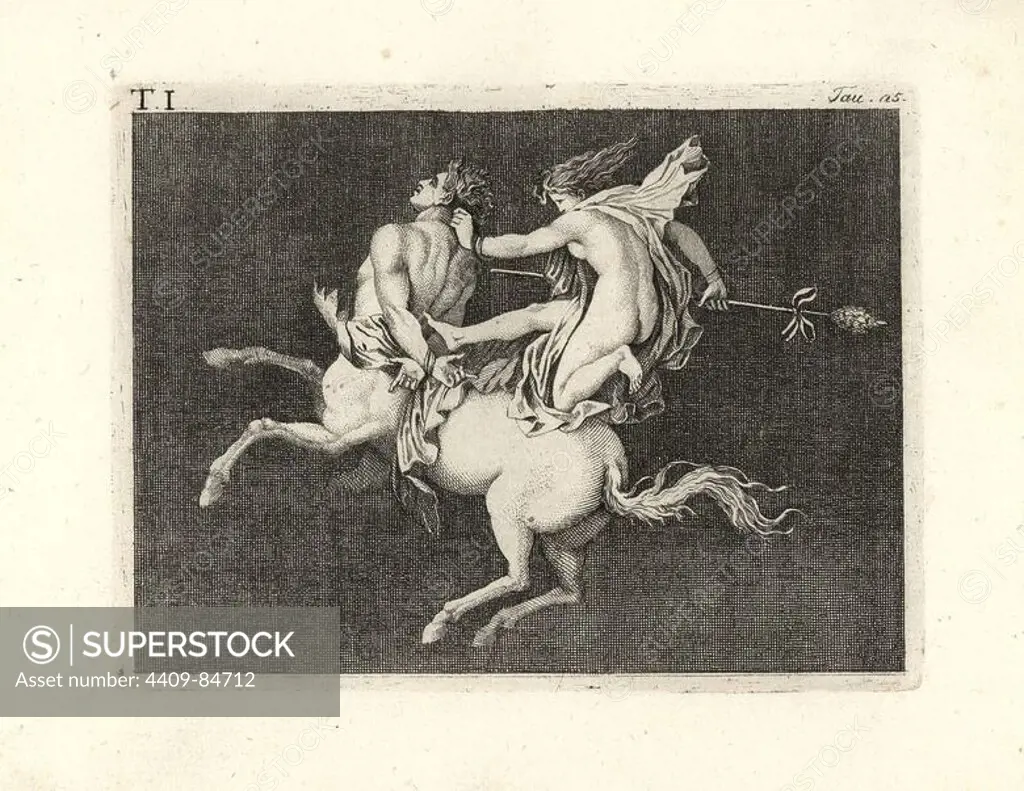 Painting removed from a wall of a room, possibly a triclinium or dining room, in a house in Pompeii in 1749. It shows a bacchant subduing a charging centaur. She kneels on his rump, grabs his hair and beats him with a thyrsus or staff. The centaur has his hands tied behind his back. Copperplate engraved by Tommaso Piroli from his own "Antichita di Ercolano" (Antiquities of Herculaneum), Rome, 1789. Italian artist and engraver Piroli (1752-1824) published six volumes between 1789 and 1807 documenting the murals and bronzes found in Heraculaneum and Pompeii.