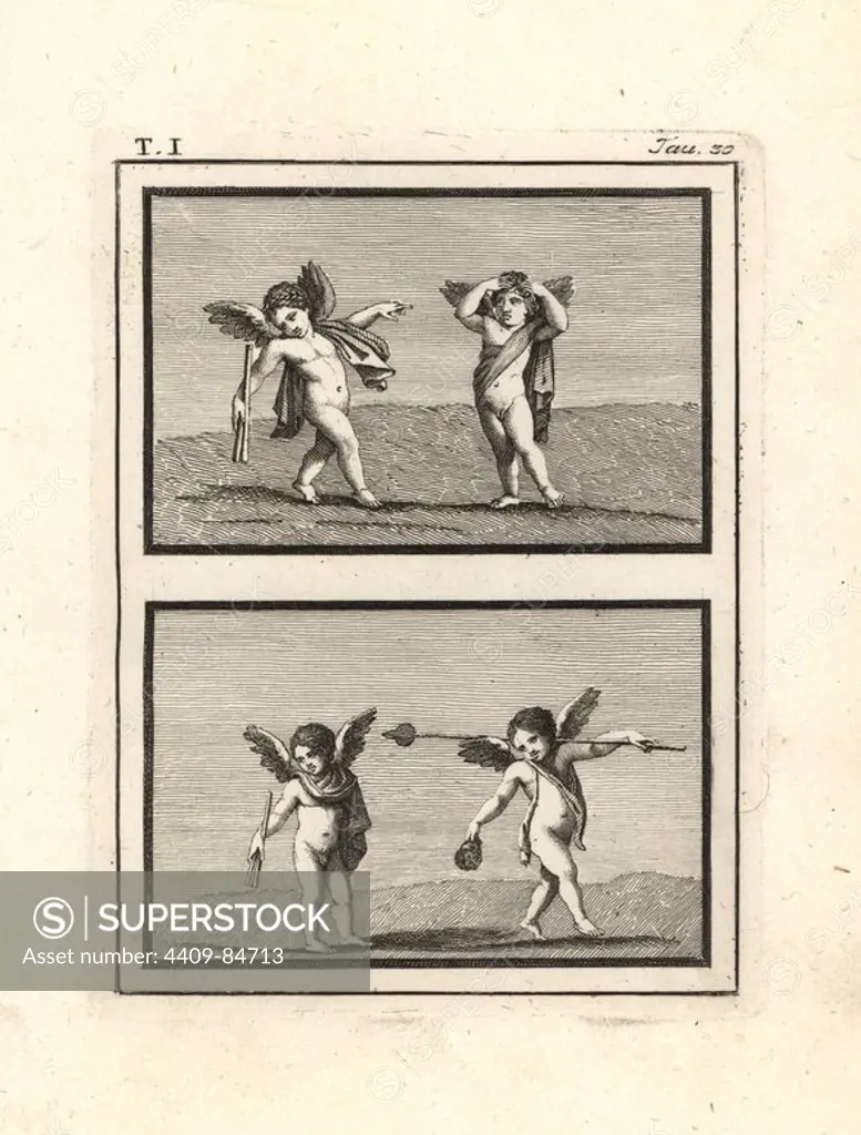 Painting of cupids or genii playing discovered in Resina in 1748. The cupids carry split reeds, musical instruments, long scepters and crowns of myrtle. Copperplate engraved by Tommaso Piroli from his own "Antichita di Ercolano" (Antiquities of Herculaneum), Rome, 1789. Italian artist and engraver Piroli (1752-1824) published six volumes between 1789 and 1807 documenting the murals and bronzes found in Heraculaneum and Pompeii.