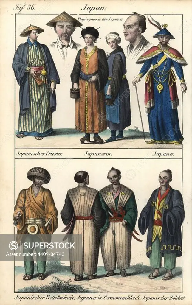 Costumes of Japan circa 1800, including a priest, women in geta (wooden sandals), a man in formal robes with cane, a beggar monk, two Japanese men with chonmage hairstyles, kataginu and hakama, carrying swords, and a soldier. Handcoloured lithograph from Friedrich Wilhelm Goedsche's "Vollstaendige Völkergallerie in getreuen Abbildungen" (Complete Gallery of Peoples in True Pictures), Meissen, circa 1835-1840. Goedsche (1785-1863) was a German writer, bookseller and publisher in Meissen. Many of the illustrations were adapted from Bertuch's "Bilderbuch fur Kinder" and others.