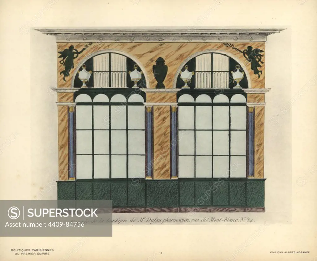 Shopfront of Monsieur Dufau's pharmacy, 34 rue du Mont-blanc, Paris, circa 1800. Handcoloured lithograph from Hector-Martin Lefuel's "Boutiques Parisiennes du Premier Empire," (Parisian Stores of the First Empire), Paris, Albert Morance, 1925. The lithographs were reproduced from watercolors by the French architect Hector-Martin Lefuel (1810-1880), famous for his work on the completion of the Louvre and Fontainebleau.