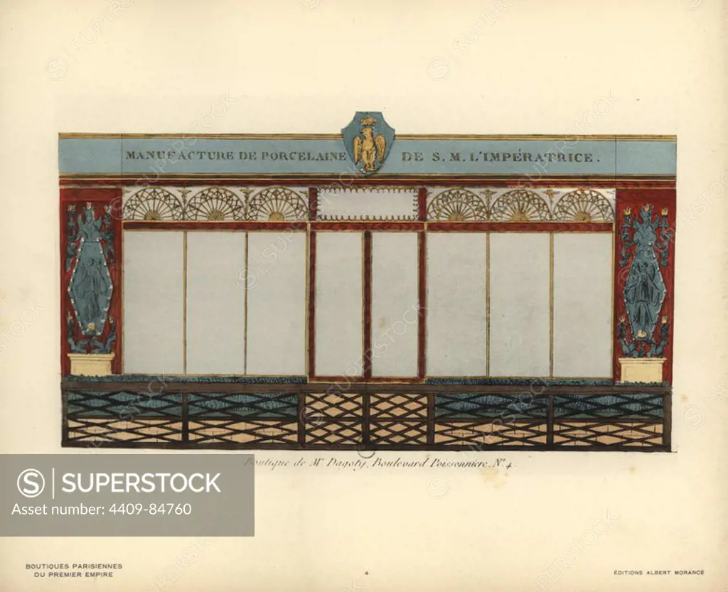 Shopfront of Dagoty's porcelaine shop, 4 Boulevard Poissoniere, Paris, circa 1800. Handcoloured lithograph from Hector-Martin Lefuel's "Boutiques Parisiennes du Premier Empire," (Parisian Stores of the First Empire), Paris, Albert Morance, 1925. The lithographs were reproduced from watercolors by the French architect Hector-Martin Lefuel (1810-1880), famous for his work on the completion of the Louvre and Fontainebleau.