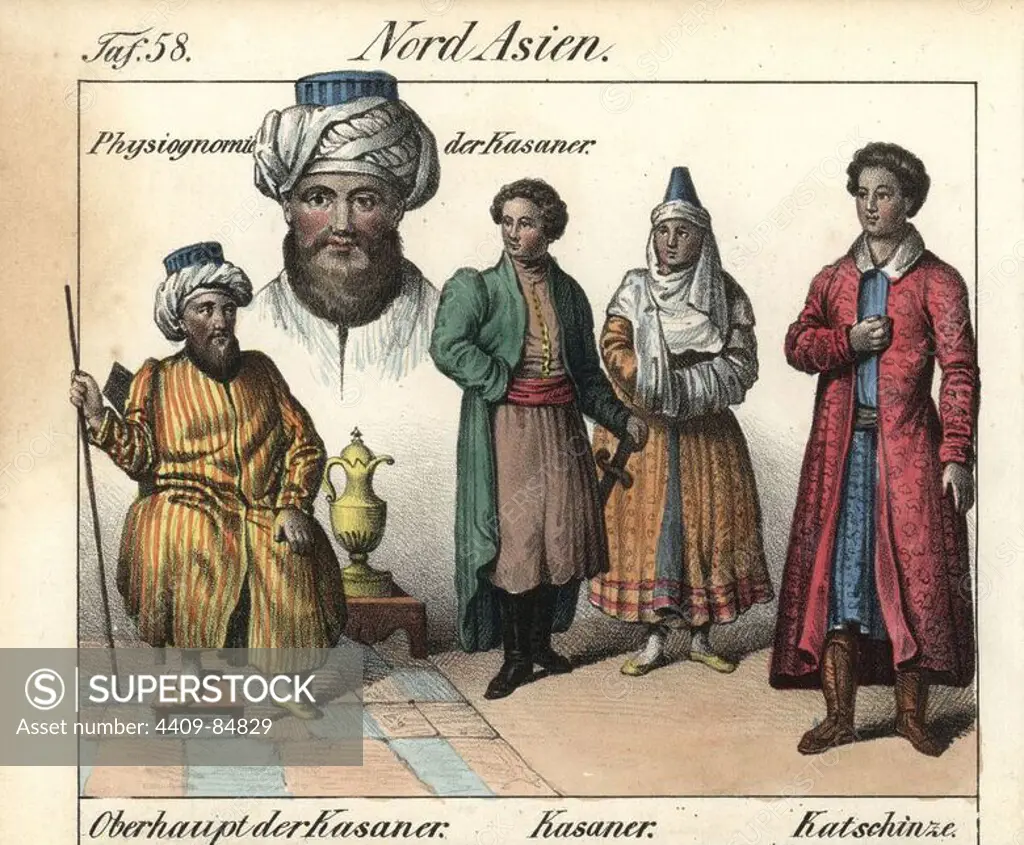 Chief of the Tatar city of Kazan with turban and long striped robe, male and female Kazaners, and a Kachin man in long coat over boots. Handcoloured lithograph from Friedrich Wilhelm Goedsche's "Vollstaendige Völkergallerie in getreuen Abbildungen" (Complete Gallery of Peoples in True Pictures), Meissen, circa 1835-1840. Goedsche (1785-1863) was a German writer, bookseller and publisher in Meissen. Many of the illustrations were adapted from Bertuch's "Bilderbuch fur Kinder" and others.