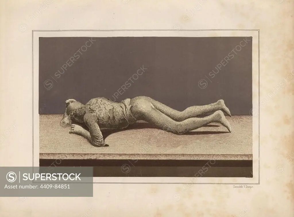 Plaster cast of a woman's body from the Via Stabiana now in the Museum of Pompeii. Illustration drawn by Discanno and lithographed by Victor Steeger from Emil Presuhn's "Pompeji. Die Neuesten Ausgrabungen von 1874-1881," Weigel, Leipzig, 1882. German archeologist Presuhn (1844-1881) lived in Italy for eight years and, with Mr. Discanno and Miss Amy Butts, made exact copies of many wall paintings that are now lost.