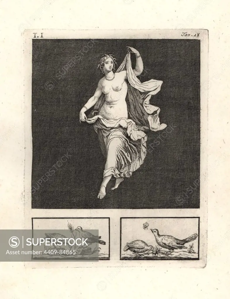 Painting removed from a wall of a room, possibly a triclinium or dining room, in a house in Pompeii in 1749. It shows Venus, or a young dancer or bacchant representing her, gracefully dancing at a banquet of the gods. Copperplate engraved by Tommaso Piroli from his own "Antichita di Ercolano" (Antiquities of Herculaneum), Rome, 1789. Italian artist and engraver Piroli (1752-1824) published six volumes between 1789 and 1807 documenting the murals and bronzes found in Heraculaneum and Pompeii.