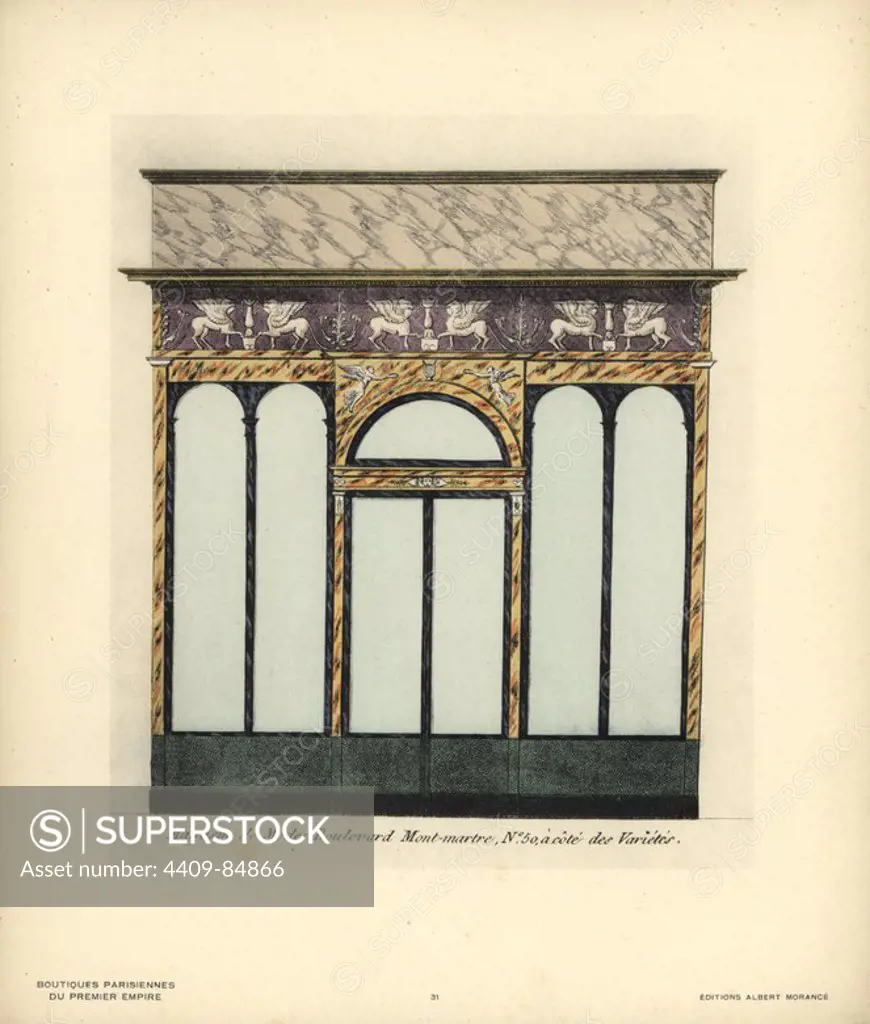 Shopfront of fashion boutique, 50 Boulevard Montmartre, next to the Theatre des Varietes, Paris, circa 1800. Handcoloured lithograph from Hector-Martin Lefuel's "Boutiques Parisiennes du Premier Empire," (Parisian Stores of the First Empire), Paris, Albert Morance, 1925. The lithographs were reproduced from watercolors by the French architect Hector-Martin Lefuel (1810-1880), famous for his work on the completion of the Louvre and Fontainebleau.
