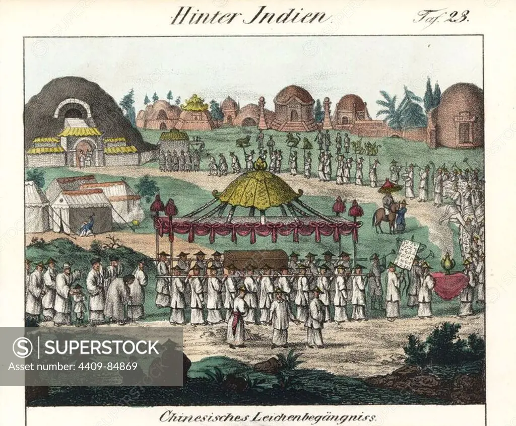 Chinese funeral procession with coffin on a bier and long parade of mourners. Handcoloured lithograph from Friedrich Wilhelm Goedsche's "Vollstaendige Völkergallerie in getreuen Abbildungen" (Complete Gallery of Peoples in True Pictures), Meissen, circa 1835-1840. Goedsche (1785-1863) was a German writer, bookseller and publisher in Meissen. Many of the illustrations were adapted from Bertuch's "Bilderbuch fur Kinder" and others.