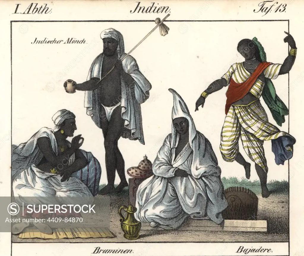 Indian costumes including a monk, two Brahmin and a female temple dancer. Handcoloured lithograph from Friedrich Wilhelm Goedsche's "Vollstaendige Völkergallerie in getreuen Abbildungen" (Complete Gallery of Peoples in True Pictures), Meissen, circa 1835-1840. Goedsche (1785-1863) was a German writer, bookseller and publisher in Meissen. Many of the illustrations were adapted from Bertuch's "Bilderbuch fur Kinder" and others.
