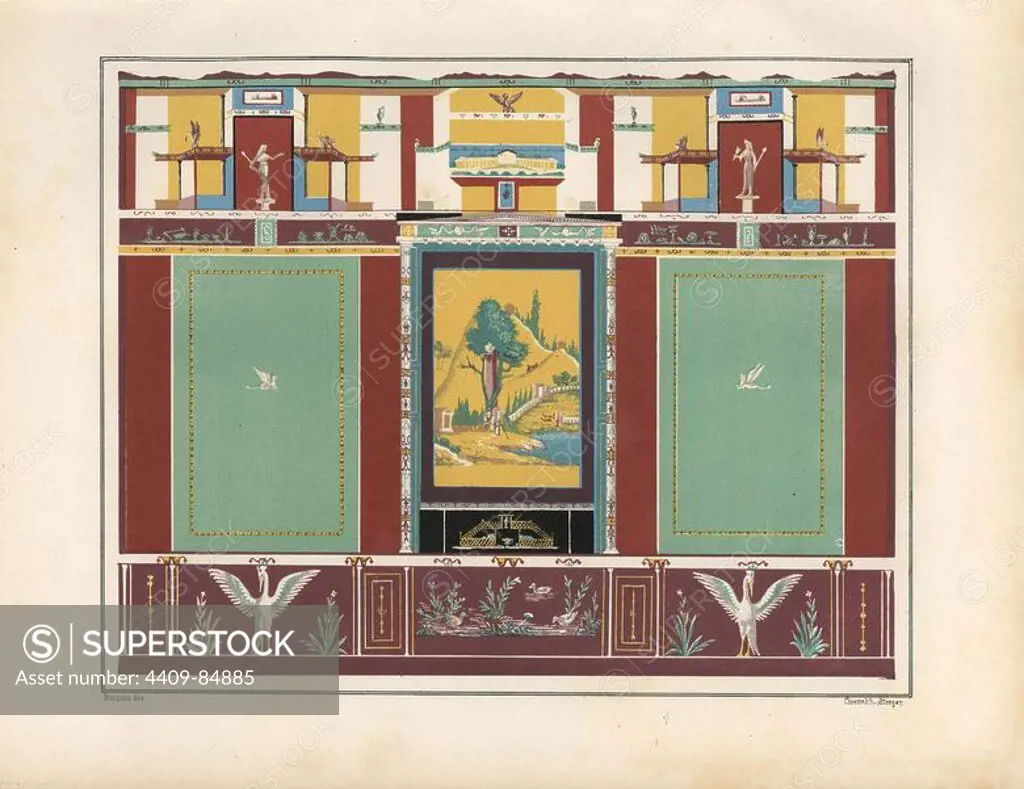 Wall painting from the triclinium or dining room in the House of Vesonius Primus, a fuller. Illustration drawn by Discanno and lithographed by Victor Steeger from Emil Presuhn's "Pompeji. Die Neuesten Ausgrabungen von 1874-1881," Weigel, Leipzig, 1882. German archeologist Presuhn (1844-1881) lived in Italy for eight years and, with Mr. Discanno and Miss Amy Butts, made exact copies of many wall paintings that are now lost.