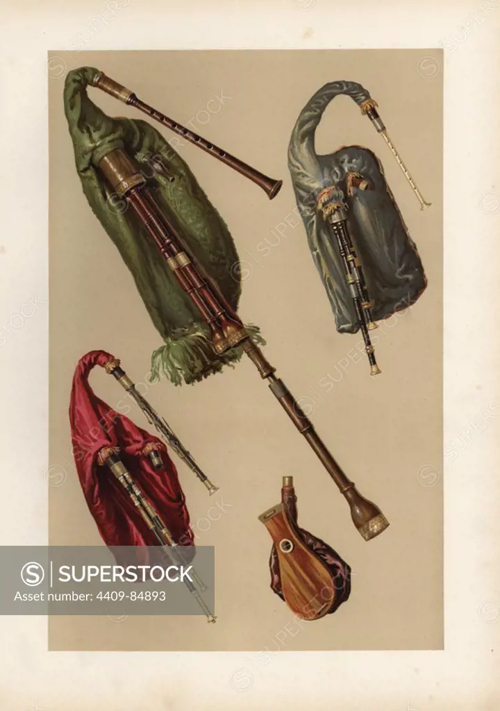 Northumbrian bagpipes with crimson bag (bottom left) and bellows (bottom right), ancient Northumbrian bagpipe with blue bag (top right), and Lowland Scotch bagpipe with green bag (top left). Chromolithograph from an illustration by William Gibb from A.J. Hipkins' "Musical Instruments, Historic, Rare and Unique," Adam and Charles Black, Edinburgh, 1888. Alfred James Hipkins (1826-1903) was an English musicologist who specialized in the history of the pianoforte and other instruments. William Gibb was a master illustrator and chromolithographer and illustrated "The Royal House of Stuart" (1890), "Naval and Military Trophies" (1896), and others.