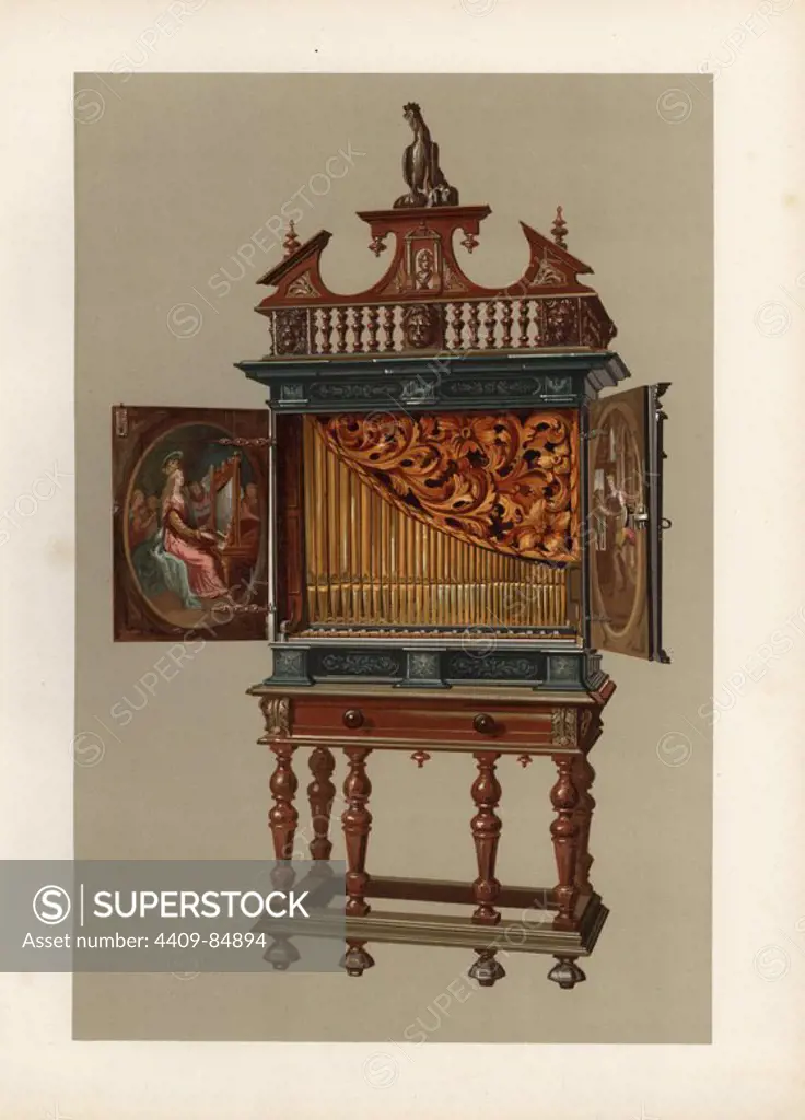 Positive organ or chamber organ from the era of King Louis XIII with tin and wooden pipes. Decorated with door paintings of St. Cecilia playing an organ with angels and a warrior crowned with laurel listening opposite. Chromolithograph from an illustration by William Gibb from A.J. Hipkins' "Musical Instruments, Historic, Rare and Unique," Adam and Charles Black, Edinburgh, 1888. Alfred James Hipkins (1826-1903) was an English musicologist who specialized in the history of the pianoforte and other instruments. William Gibb was a master illustrator and chromolithographer and illustrated "The Royal House of Stuart" (1890), "Naval and Military Trophies" (1896), and others.