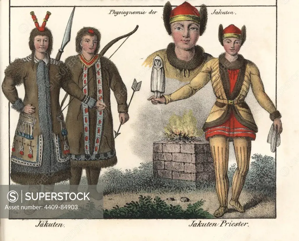Yakut costumes: men in long reindeer-skin coats with embroidered borders carrying bows, arrows and spears, and a priest or shaman holding a figure in front of a sacrificial fire. Handcoloured lithograph from Friedrich Wilhelm Goedsche's "Vollstaendige Völkergallerie in getreuen Abbildungen" (Complete Gallery of Peoples in True Pictures), Meissen, circa 1835-1840. Goedsche (1785-1863) was a German writer, bookseller and publisher in Meissen. Many of the illustrations were adapted from Bertuch's "Bilderbuch fur Kinder" and others.