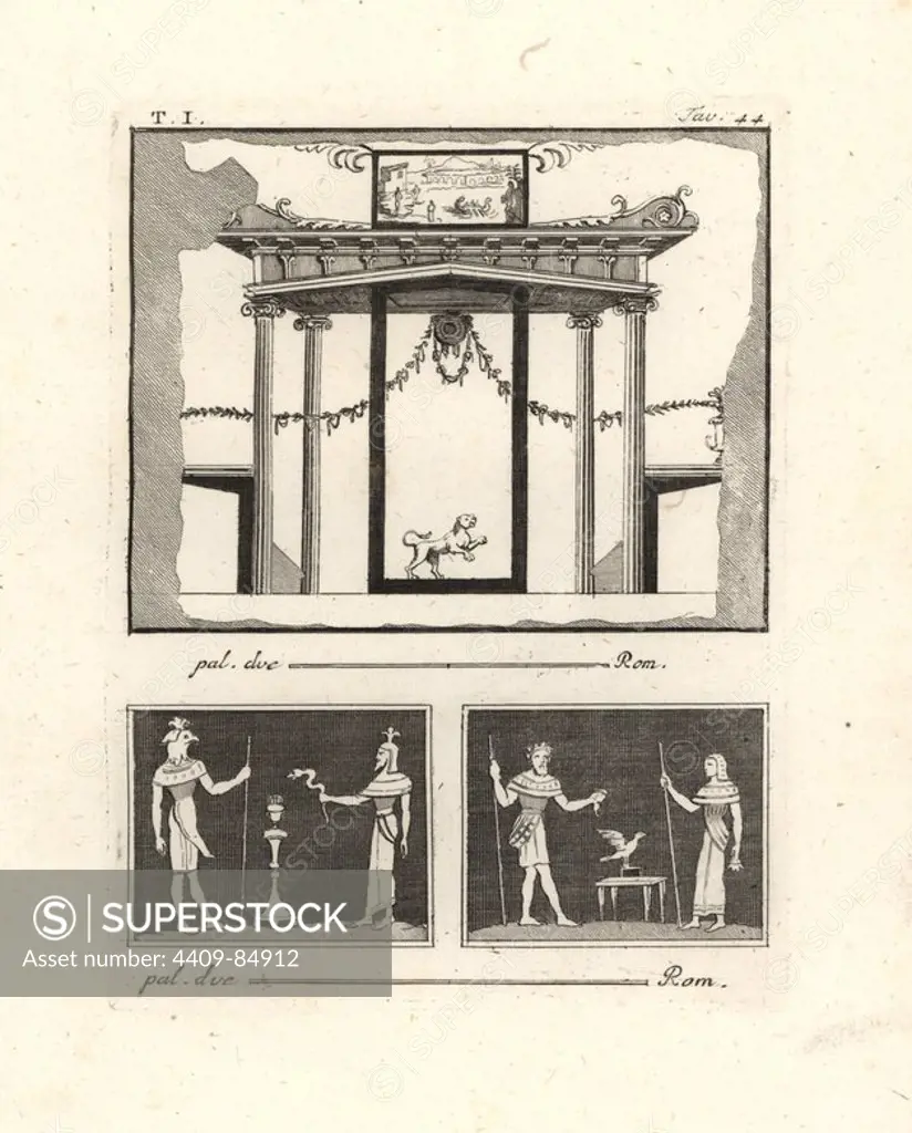 Architectural painting of a vestibule. The columns have Ionic capitals but no bases, and the cornice has ornamental corbels and triglyphs closer to the Doric. Below are two vignettes showing Egyptian gods: Osiris and priest and snake, and Osiris and Isis. Copperplate engraved by Tommaso Piroli from his own "Antichita di Ercolano" (Antiquities of Herculaneum), Rome, 1789. Italian artist and engraver Piroli (1752-1824) published six volumes between 1789 and 1807 documenting the murals and bronzes found in Heraculaneum and Pompeii.