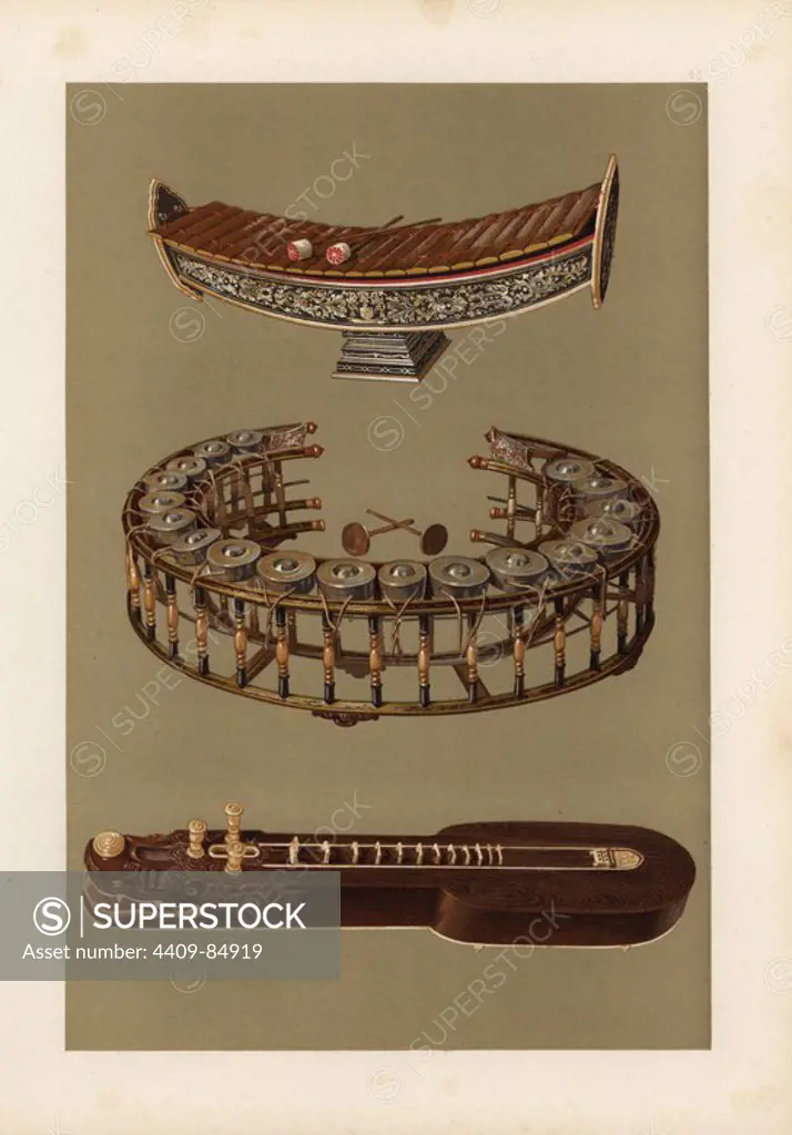 Thai harmonicons: Ranat ek and khong yai (xylophones) and ta'khay. Chromolithograph from an illustration by William Gibb from A.J. Hipkins' "Musical Instruments, Historic, Rare and Unique," Adam and Charles Black, Edinburgh, 1888. Alfred James Hipkins (1826-1903) was an English musicologist who specialized in the history of the pianoforte and other instruments. William Gibb was a master illustrator and chromolithographer and illustrated "The Royal House of Stuart" (1890), "Naval and Military Trophies" (1896), and others.