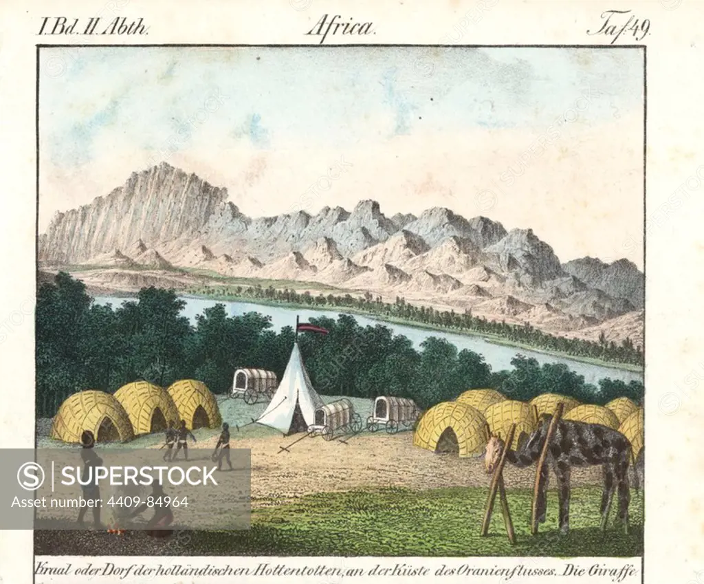 Khoikhoi kraal with huts and wagons and a tethered giraffe on the banks of the Orange River, South Africa. Handcoloured lithograph from Friedrich Wilhelm Goedsche's "Vollstaendige Völkergallerie in getreuen Abbildungen" (Complete Gallery of Peoples in True Pictures), Meissen, circa 1835-1840. Goedsche (1785-1863) was a German writer, bookseller and publisher in Meissen. Many of the illustrations were adapted from Bertuch's "Bilderbuch fur Kinder" and others.