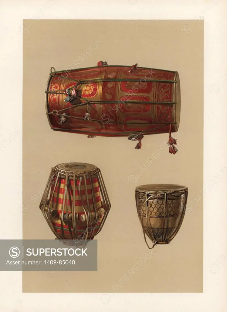 Indian percussion instruments: small copper tabla (right), m'ridang with striped body and leather braces (left) and earthenware tam-tam played by street musicians called Nahabat (top). Chromolithograph from an illustration by William Gibb from A.J. Hipkins' "Musical Instruments, Historic, Rare and Unique," Adam and Charles Black, Edinburgh, 1888. Alfred James Hipkins (1826-1903) was an English musicologist who specialized in the history of the pianoforte and other instruments. William Gibb was a master illustrator and chromolithographer and illustrated "The Royal House of Stuart" (1890), "Naval and Military Trophies" (1896), and others.
