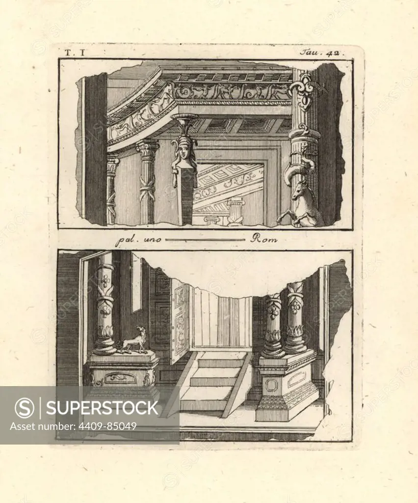 Fragments of different architectural paintings. Above, ornamented columns, a caryatid and an Ionic colonnade that suggests a portico or court (peristylium). Below, what seems to be the pronaos of a temple of Bacchus, indicated by the panther at the foot of a column. Copperplate engraved by Tommaso Piroli from his own "Antichita di Ercolano" (Antiquities of Herculaneum), Rome, 1789. Italian artist and engraver Piroli (1752-1824) published six volumes between 1789 and 1807 documenting the murals and bronzes found in Heraculaneum and Pompeii.