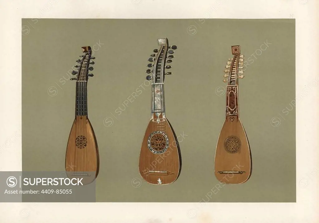 Pandurina or discant lute from 1734 (left), Milanese mandoline lute decorated with mother-of-pearl from 1775 (centre), and Milanese mandoline lute decorated with tortoiseshell and ivory from 1739 (right). Chromolithograph from an illustration by William Gibb from A.J. Hipkins' "Musical Instruments, Historic, Rare and Unique," Adam and Charles Black, Edinburgh, 1888. Alfred James Hipkins (1826-1903) was an English musicologist who specialized in the history of the pianoforte and other instruments. William Gibb was a master illustrator and chromolithographer and illustrated "The Royal House of Stuart" (1890), "Naval and Military Trophies" (1896), and others.