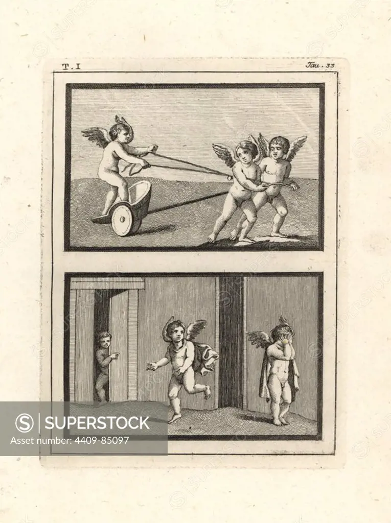 Two vignettes of Cupids or genii playing ancient games. Above, three cupids play on a two-wheeled chariot or Birotum as if rehearsing for the Circus. Below, three genii play a game of hide and seek. Copperplate engraved by Tommaso Piroli from his own "Antichita di Ercolano" (Antiquities of Herculaneum), Rome, 1789. Italian artist and engraver Piroli (1752-1824) published six volumes between 1789 and 1807 documenting the murals and bronzes found in Heraculaneum and Pompeii.