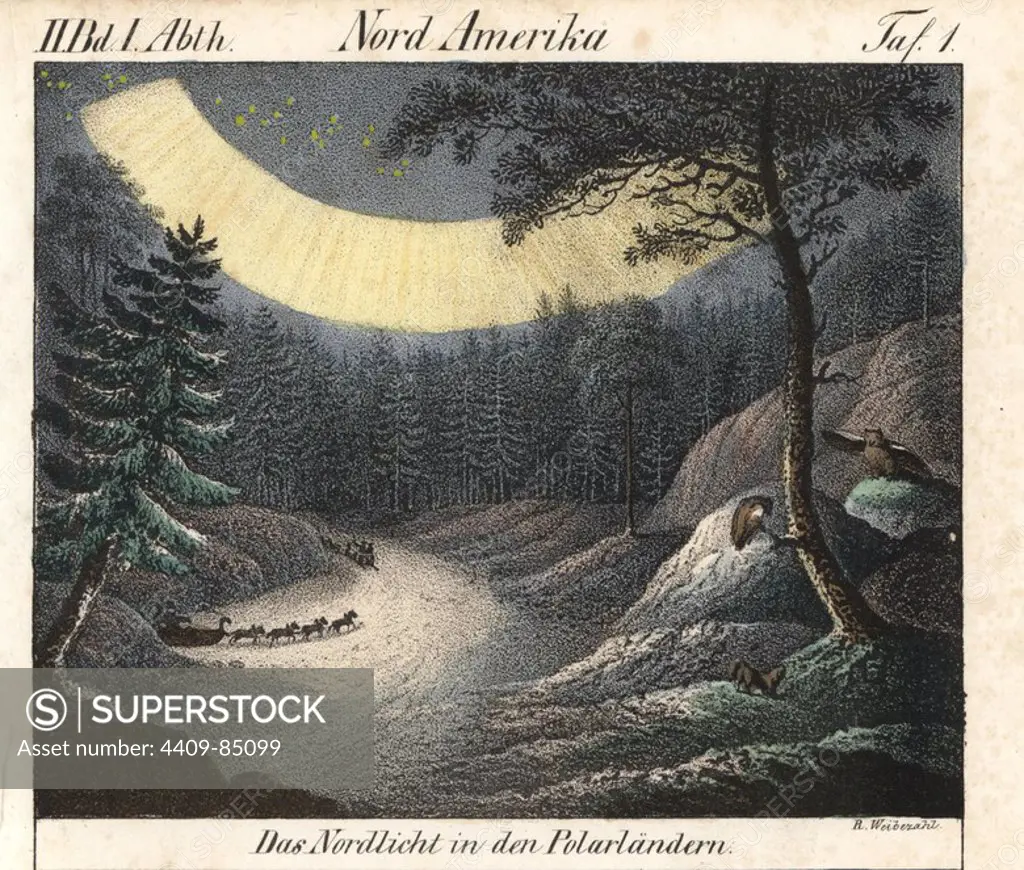 Dogsled team riding through a snowy mountain scene against the northern lights or Aurora borealis in the polar region of North America. Lithograph by R. Weiberzahl. Handcoloured lithograph from Friedrich Wilhelm Goedsche's "Vollstaendige Völkergallerie in getreuen Abbildungen" (Complete Gallery of Peoples in True Pictures), Meissen, circa 1835-1840. Goedsche (1785-1863) was a German writer, bookseller and publisher in Meissen. Many of the illustrations were adapted from Bertuch's "Bilderbuch fur Kinder" and others.