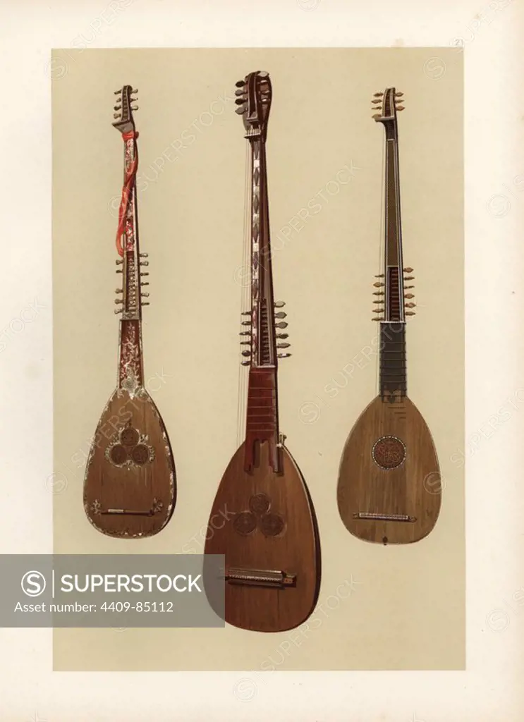 Three chitarroni (theorbo or bass lute). Venetian chitarrone with inlaid mother of pearl (left), Venetian chitarrone from 1608 (centre), and one exhibited in 1885 by Edward Joseph of Bond Street with six pairs of unisons and seven diapasons (right). Chromolithograph from an illustration by William Gibb from A.J. Hipkins' "Musical Instruments, Historic, Rare and Unique," Adam and Charles Black, Edinburgh, 1888. Alfred James Hipkins (1826-1903) was an English musicologist who specialized in the history of the pianoforte and other instruments. William Gibb was a master illustrator and chromolithographer and illustrated "The Royal House of Stuart" (1890), "Naval and Military Trophies" (1896), and others.