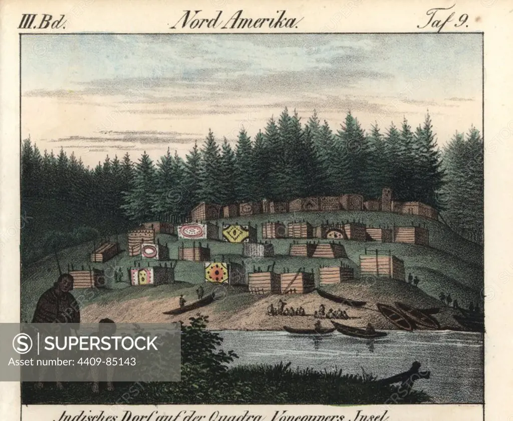 Native village on Vancouver island, Canada, with many painted wooden houses, canoes and natives. Handcoloured lithograph from Friedrich Wilhelm Goedsche's "Vollstaendige Völkergallerie in getreuen Abbildungen" (Complete Gallery of Peoples in True Pictures), Meissen, circa 1835-1840. Goedsche (1785-1863) was a German writer, bookseller and publisher in Meissen. Many of the illustrations were adapted from Bertuch's "Bilderbuch fur Kinder" and others.