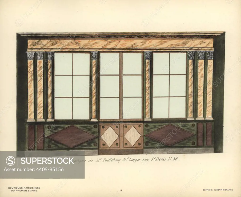 Shopfront of Monsieur Taillebosq's fabric store, 38 rue St. Denis, Paris, circa 1800. Handcoloured lithograph from Hector-Martin Lefuel's "Boutiques Parisiennes du Premier Empire," (Parisian Stores of the First Empire), Paris, Albert Morance, 1925. The lithographs were reproduced from watercolors by the French architect Hector-Martin Lefuel (1810-1880), famous for his work on the completion of the Louvre and Fontainebleau.