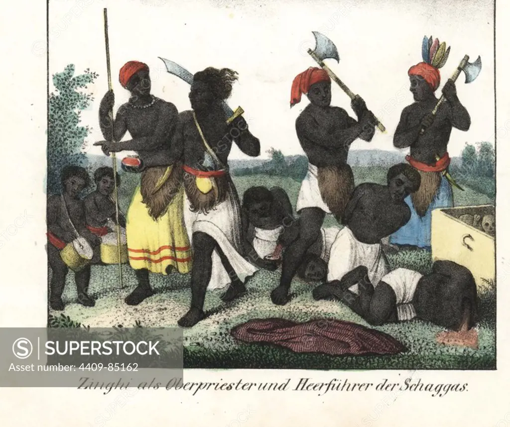Zinghi, military leaders and priests of the Chagga people (Tanzania), ritually beheading victims with axes and scimitars. Handcoloured lithograph from Friedrich Wilhelm Goedsche's "Vollstaendige Völkergallerie in getreuen Abbildungen" (Complete Gallery of Peoples in True Pictures), Meissen, circa 1835-1840. Goedsche (1785-1863) was a German writer, bookseller and publisher in Meissen. Many of the illustrations were adapted from Bertuch's "Bilderbuch fur Kinder" and others.
