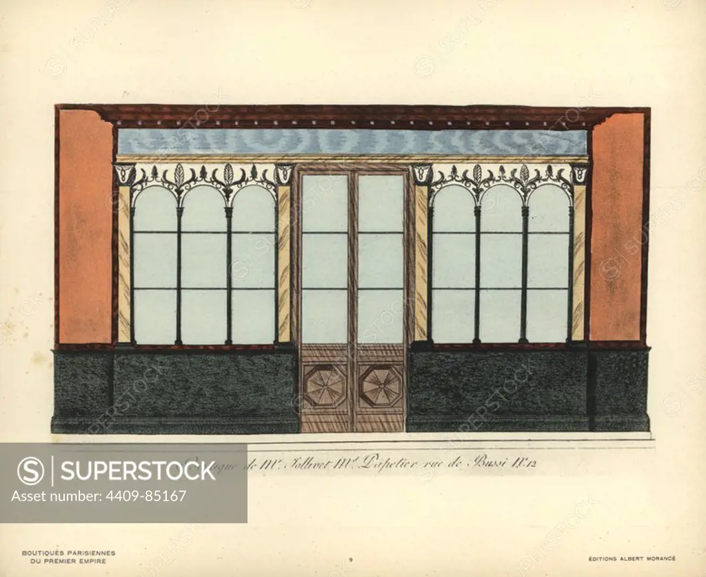 Shopfront to Jollivet's paper store, 12 rue de Bussi, Paris, circa 1800. Handcoloured lithograph from Hector-Martin Lefuel's "Boutiques Parisiennes du Premier Empire," (Parisian Stores of the First Empire), Paris, Albert Morance, 1925. The lithographs were reproduced from watercolors by the French architect Hector-Martin Lefuel (1810-1880), famous for his work on the completion of the Louvre and Fontainebleau.