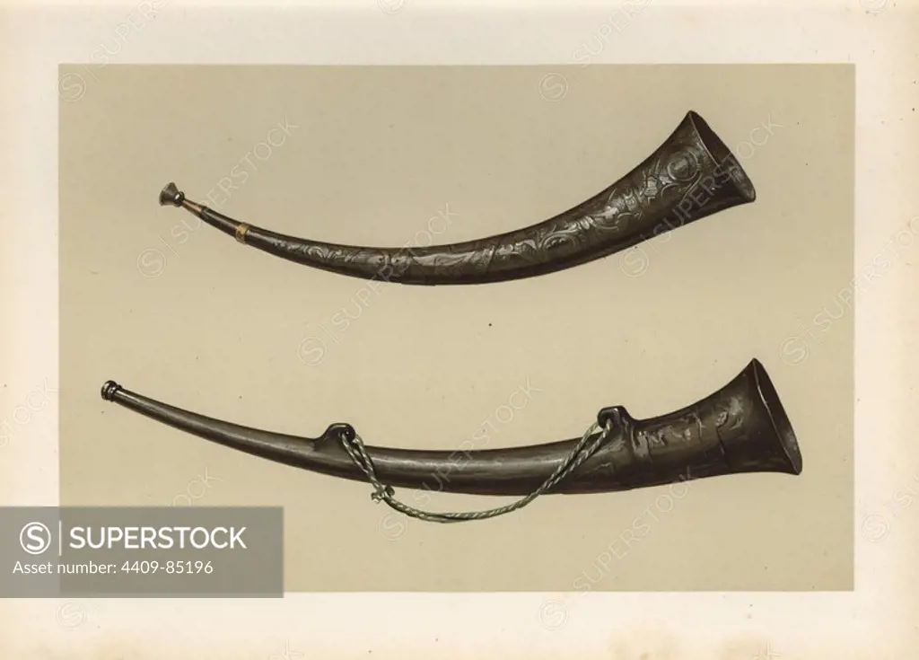 Burgmote horns of hammered bronze from the Corporations of Canterbury and Dover. The horns were used from the 14th to 19th centuries for municipal ceremonies. Chromolithograph from an illustration by William Gibb from A.J. Hipkins' "Musical Instruments, Historic, Rare and Unique," Adam and Charles Black, Edinburgh, 1888. Alfred James Hipkins (1826-1903) was an English musicologist who specialized in the history of the pianoforte and other instruments. William Gibb was a master illustrator and chromolithographer and illustrated "The Royal House of Stuart" (1890), "Naval and Military Trophies" (1896), and others.