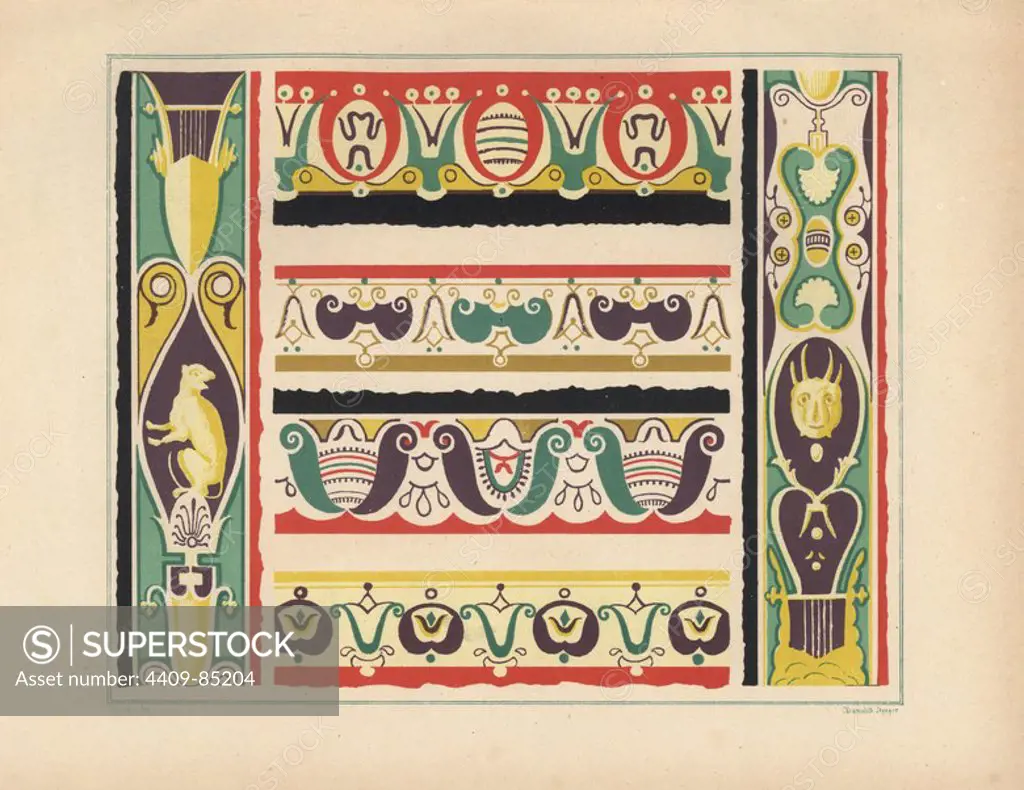 Decorative ornaments from the tablinum of the house of Lucius Caecilius Jucundus. Illustration drawn by Discanno and lithographed by Victor Steeger from Emil Presuhn's "Pompeji. Die Neuesten Ausgrabungen von 1874-1881," Weigel, Leipzig, 1882. German archeologist Presuhn (1844-1881) lived in Italy for eight years and, with Mr. Discanno and Miss Amy Butts, made exact copies of many wall paintings that are now lost.